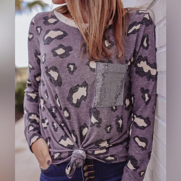 White Birch Small Purple Sequin Animal Print Crewneck Knit Top - Picture 6 of 6